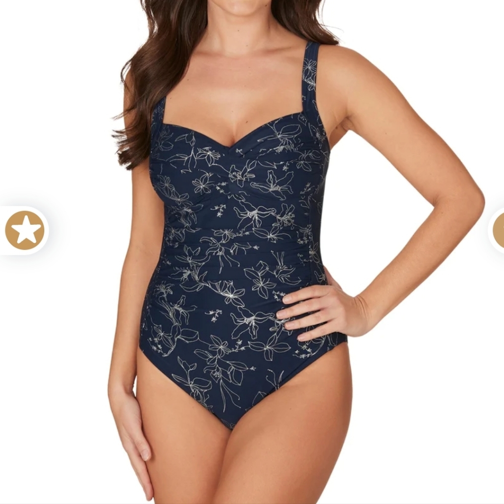 Niptuck Garden Line Foil Joanne One Piece Swimsuit Size 6 Navy Blue And Silver
